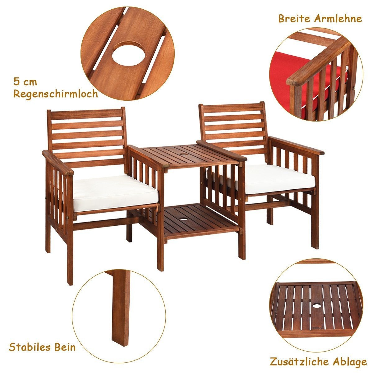 Double seat made of acacia wood 3-piece table and chair set