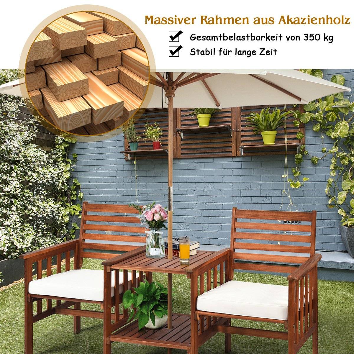 Double seat made of acacia wood 3-piece table and chair set