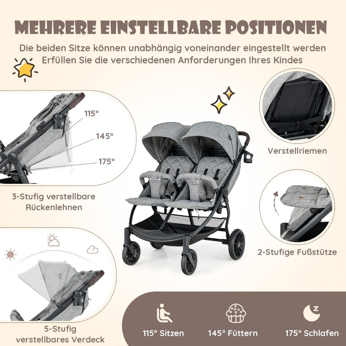 Double stroller sibling stroller with individual tilt 105 x 78.5 x 106 cm gray