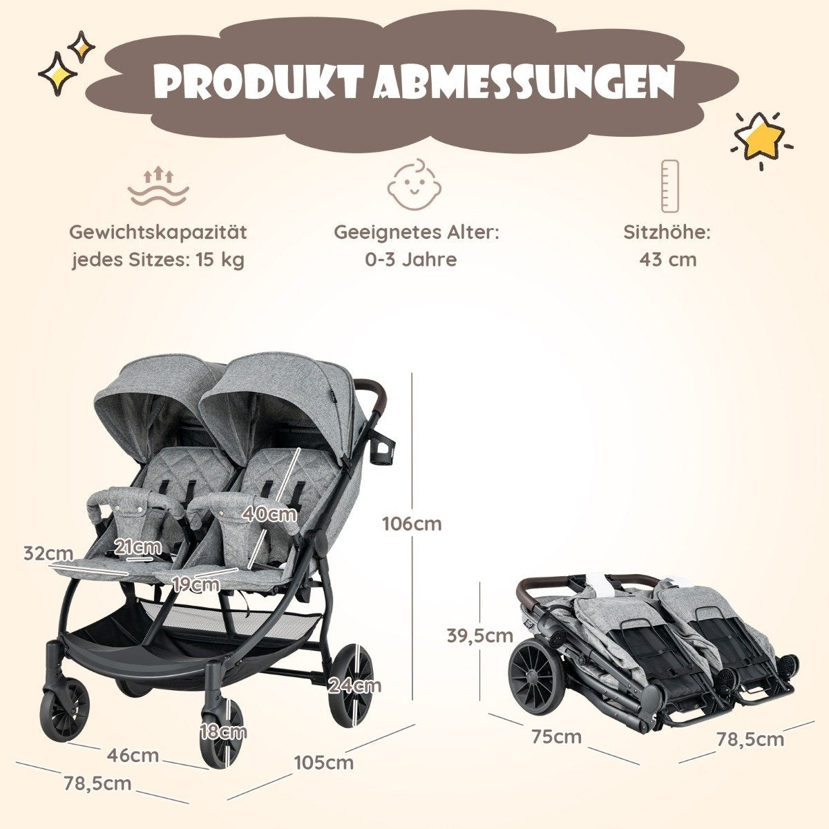 Double stroller sibling stroller with individual tilt 105 x 78.5 x 106 cm gray