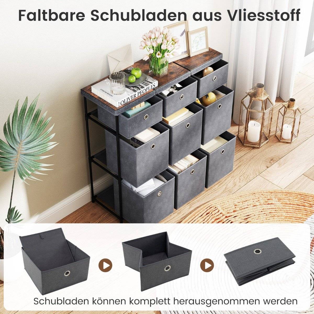 Dresser with 9 Drawers, Metal Frame, 87x29x84 cm, Gray