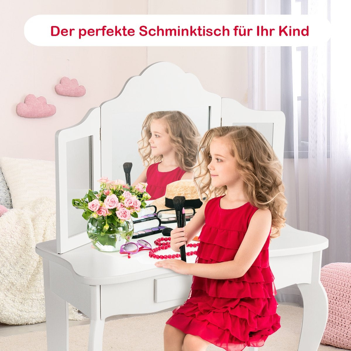 Dressing table and stool set for children, dressing table with drawer, mirror, 70 x 34 x 103 cm, white