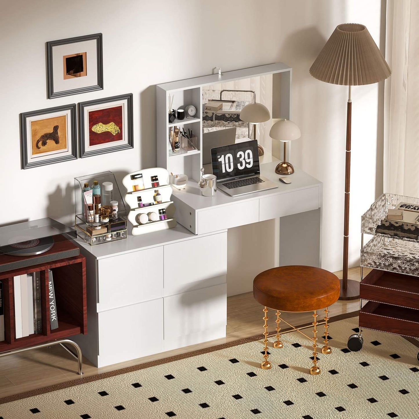 White dressing table with mirror - 4 drawers & shelves
