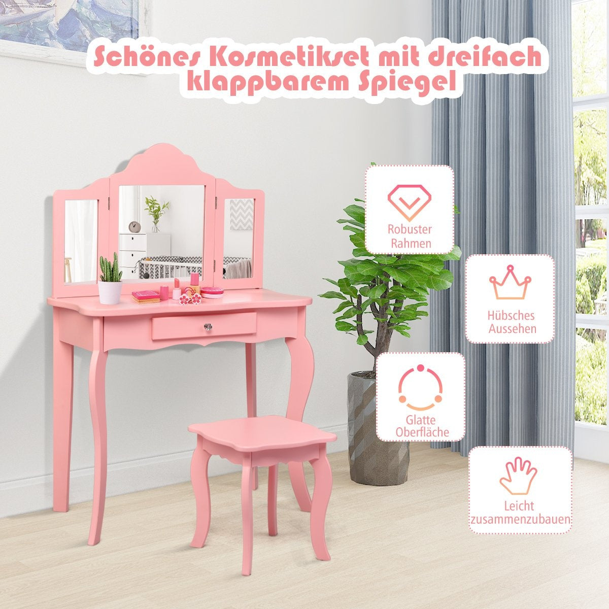 Dressing table dressing table and stool set for children 70 x 34 x 103 cm pink