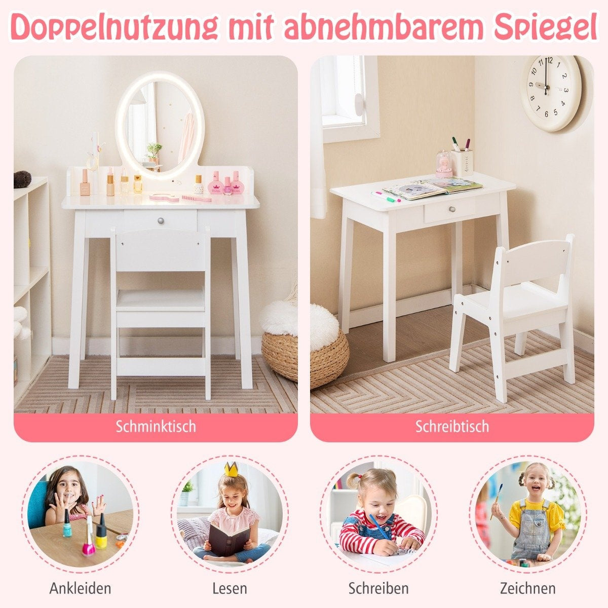 Dressing table for children with illuminated mirror Makeup table with chair White