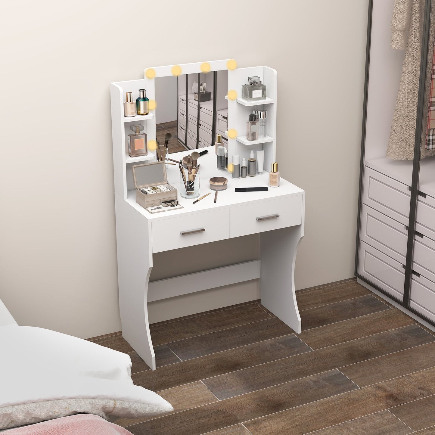 Dressing table with mirror and dimmable LED lights, drawers, shelves, white