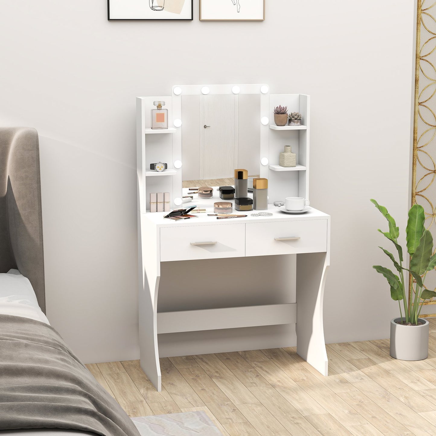 Dressing table with mirror and dimmable LED lights, drawers, shelves, white