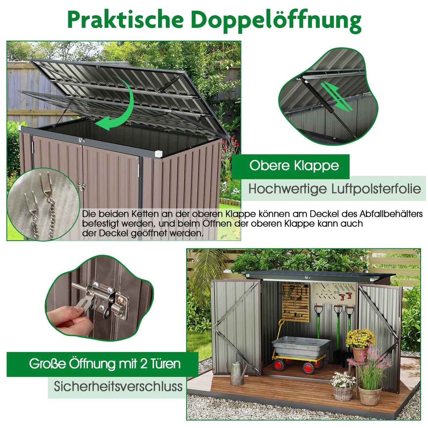 Dual Bin Storage Shed, Galvanized Metal, 172x95.5x130cm