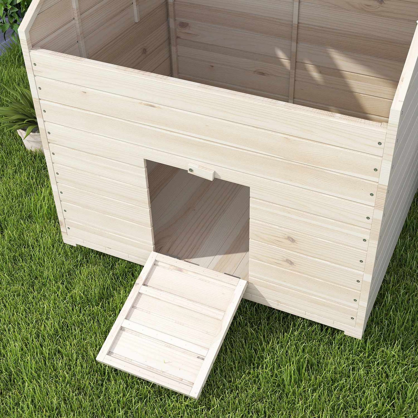 Duck house with sloping roof, raised floor & ramp, spruce wood