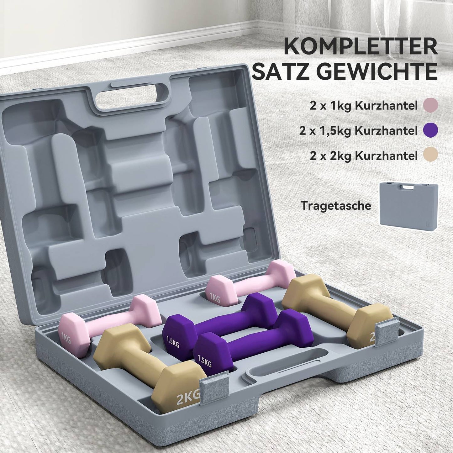 Dumbbell Set, 6-Piece Steel Weights with Case, 1-2kg