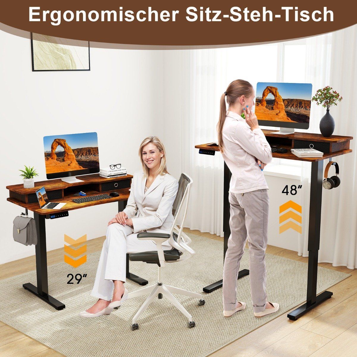 Electric Height Adjustable Desk with Monitor Stand, 100x60 cm
