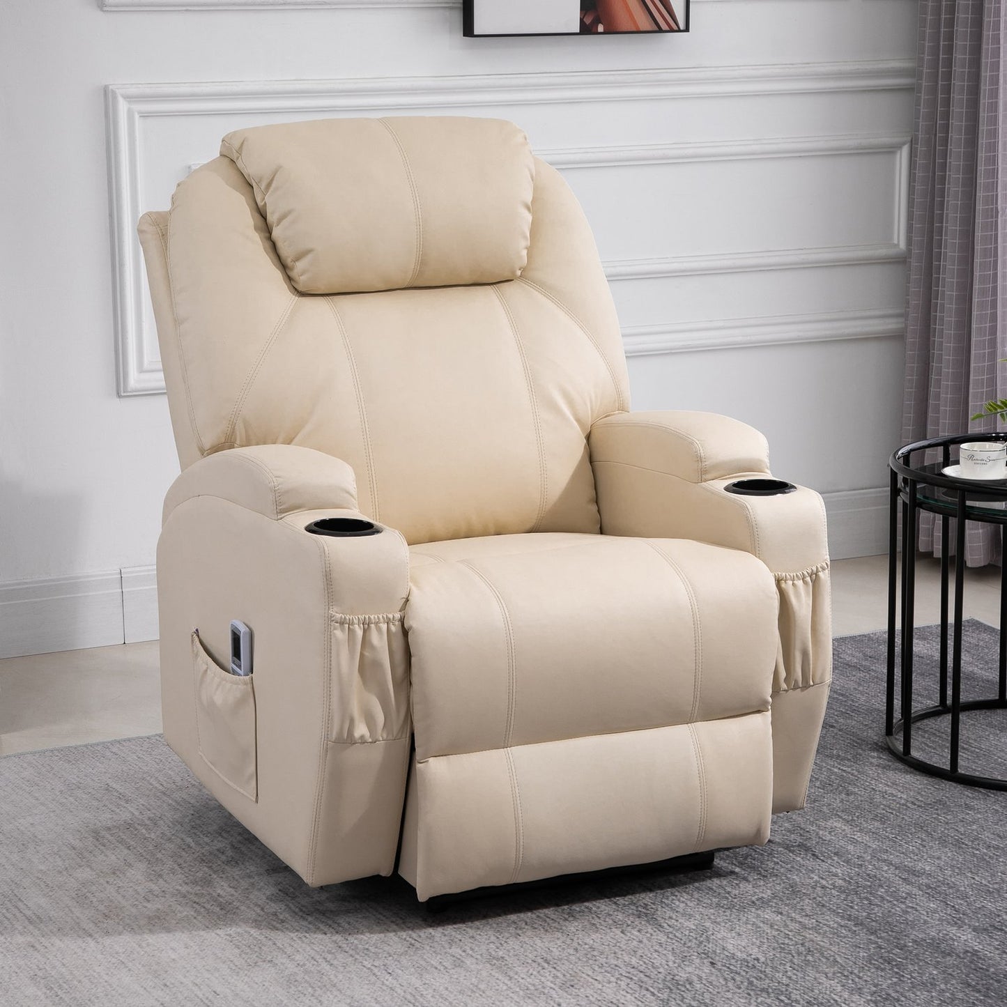 Electric reclining massage chair, synthetic leather, beige
