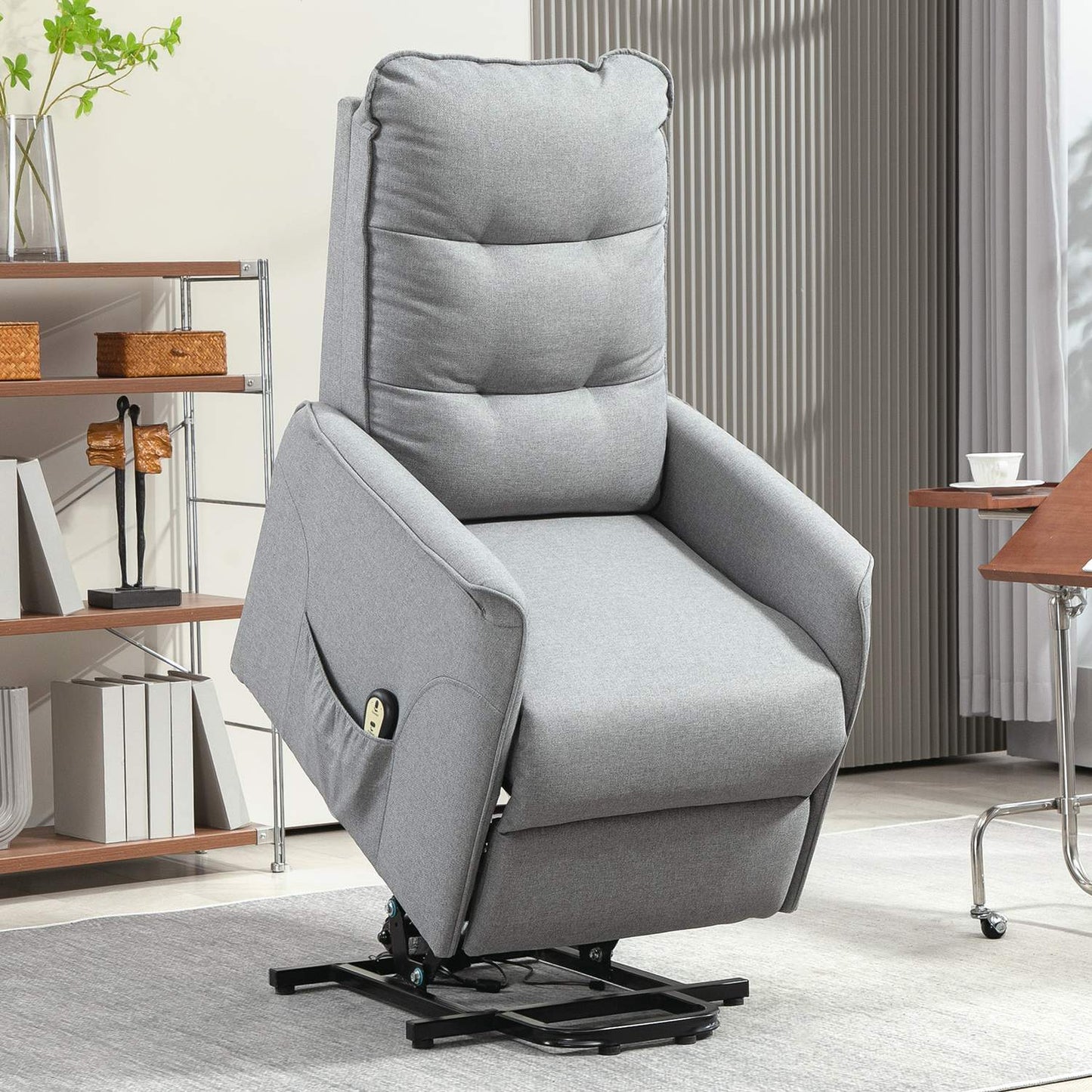 Electric recliner, linen, remote control, side pocket, gray
