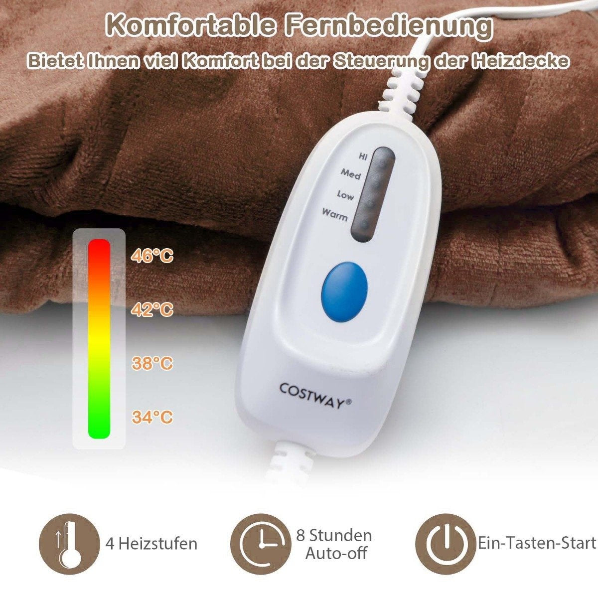 Electric blanket with automatic switch-off & 4 temperature levels & timer & overheating protection coffee