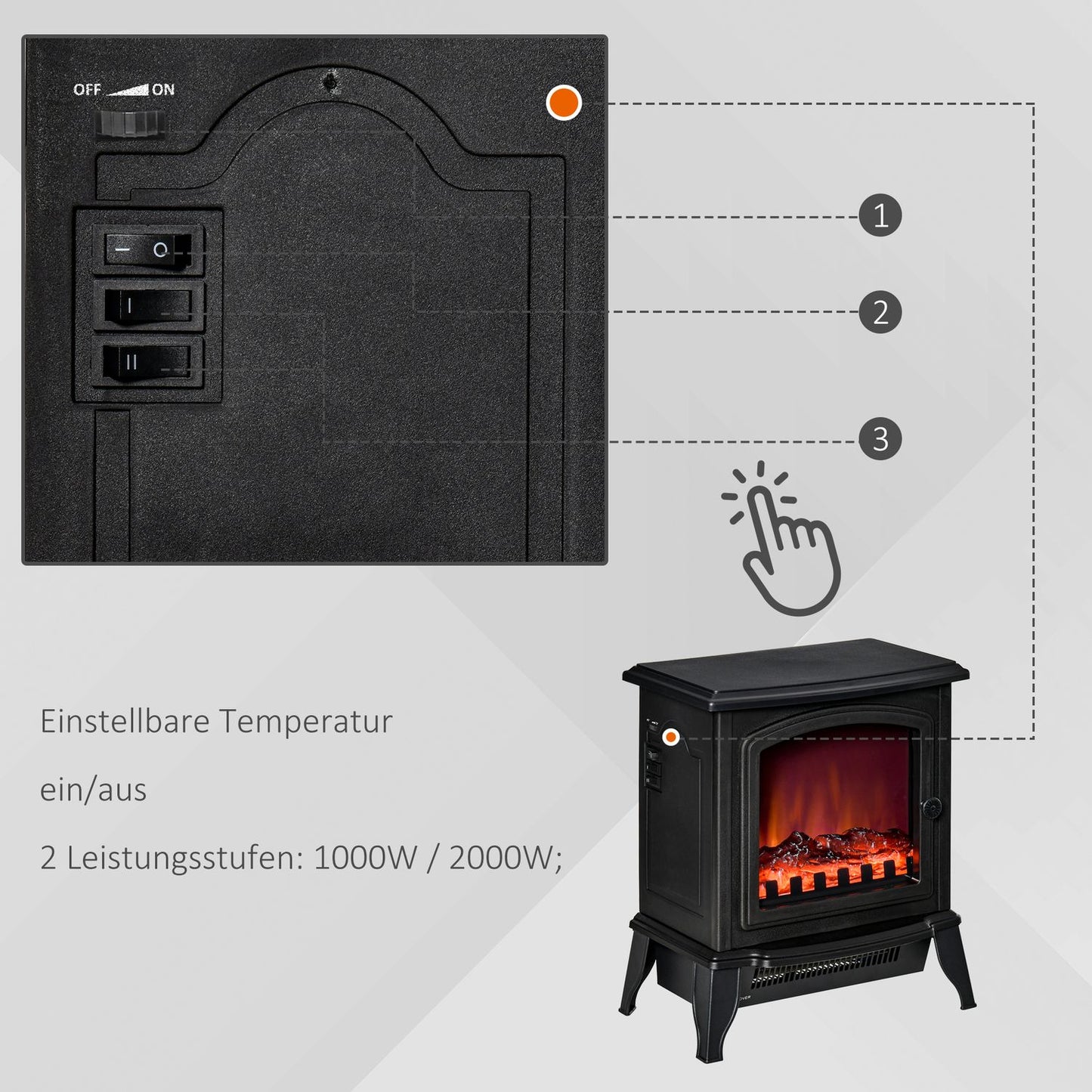 Freestanding electric fireplace with LED Flame, 2000W, Black