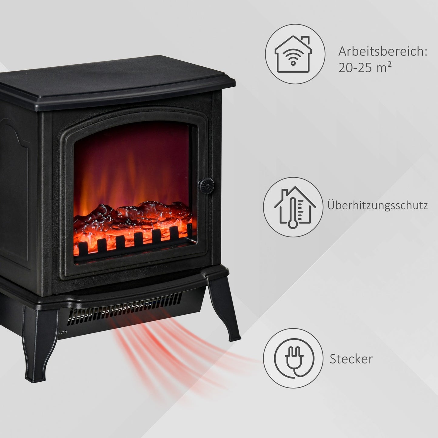 Freestanding electric fireplace with LED Flame, 2000W, Black