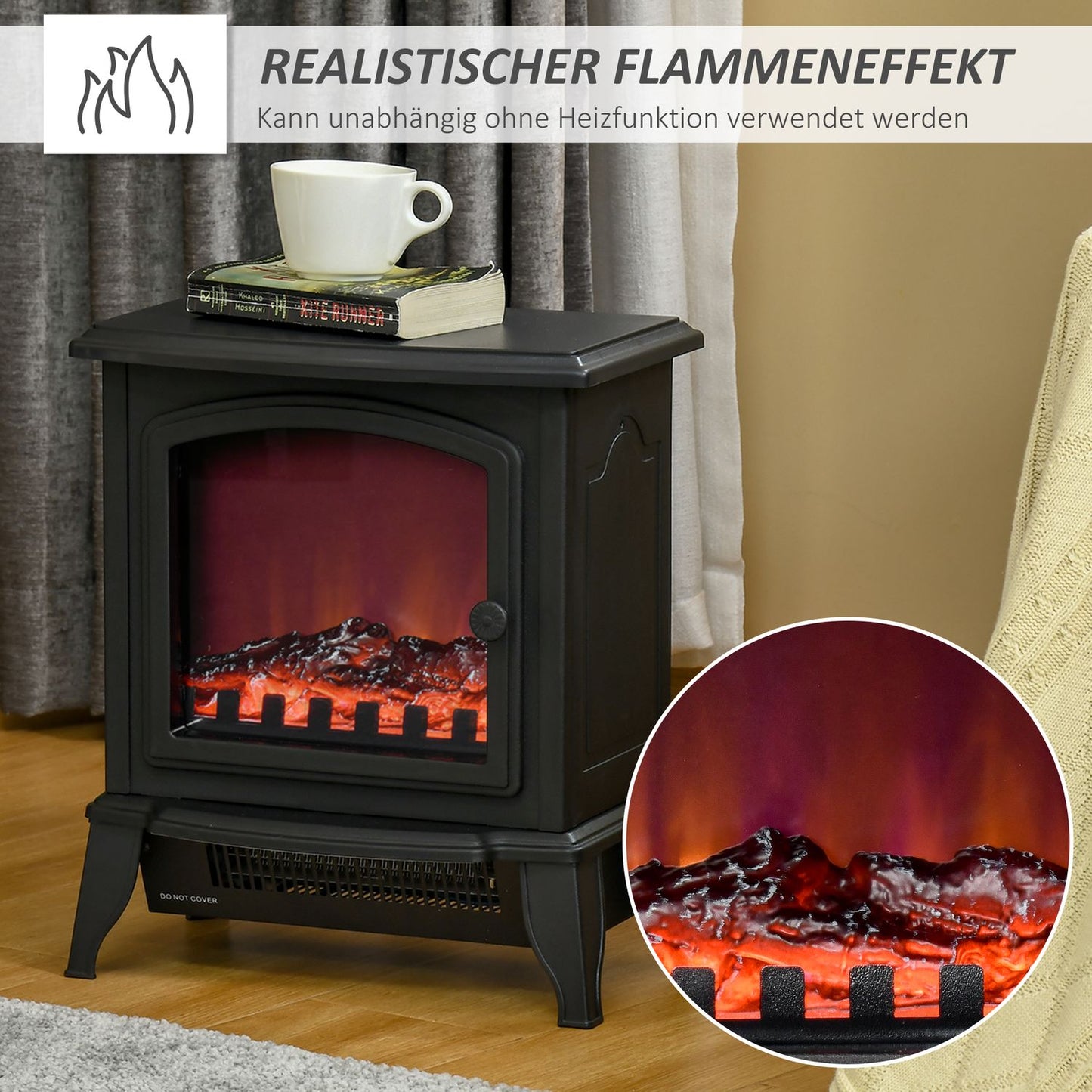 Freestanding electric fireplace with LED Flame, 2000W, Black