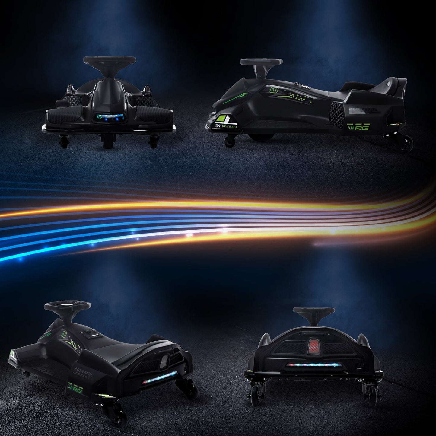 Electric go-kart for children, rubber wheels, 3-8 km/h, with lights and music function, black
