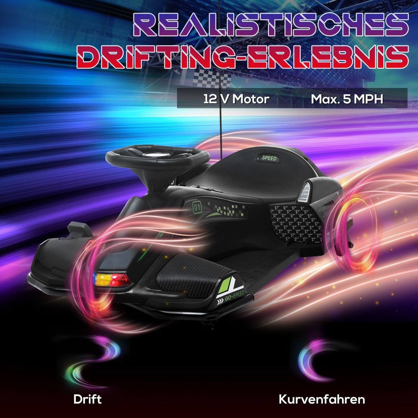 Electric go-kart for children, rubber wheels, 3-8 km/h, with lights and music function, black