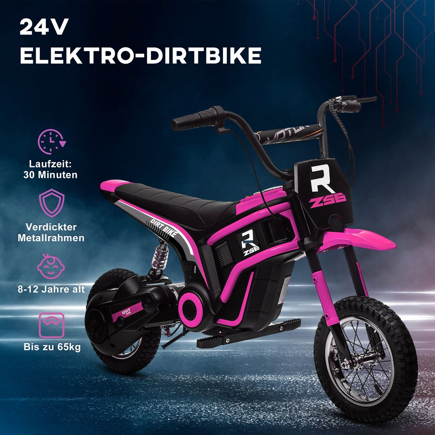 Kids' Electric Motorcycle, 24V, Ages 8-12, Pink