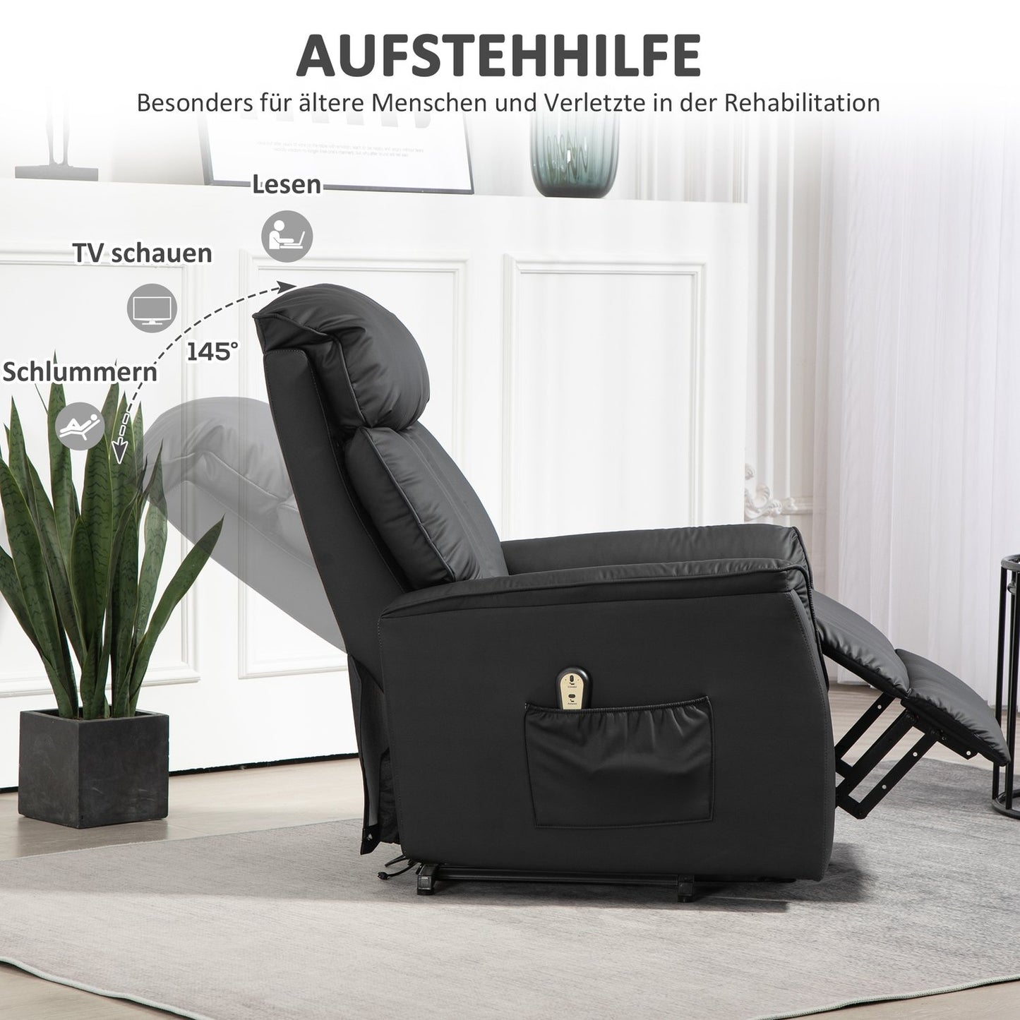 Electric Recliner Chair with Stand-Up Aid, Faux Leather, Black