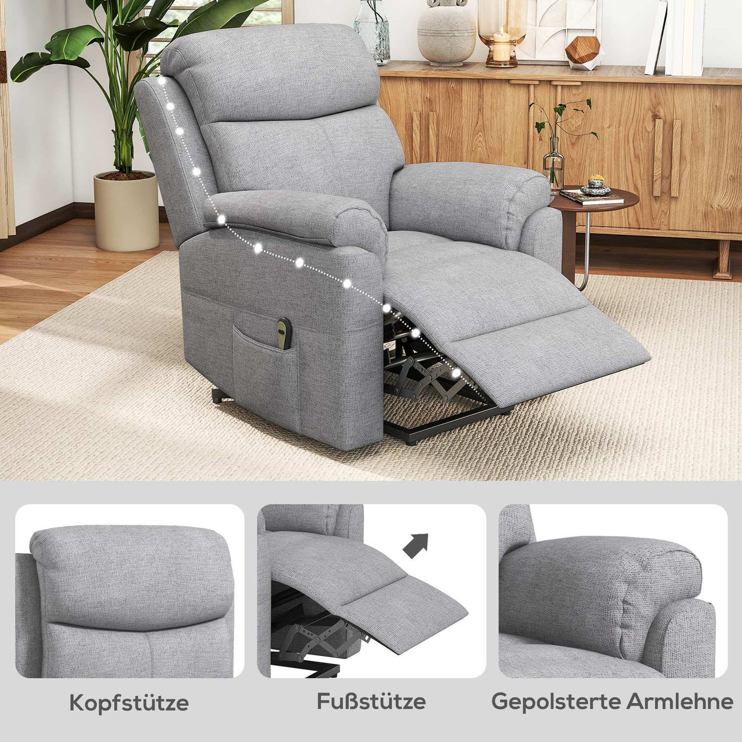 Electric recliner chair, recliner chair with stand-up aid, recliner chair with sleep function, linen look, 83 x 89 x 102 cm, grey
