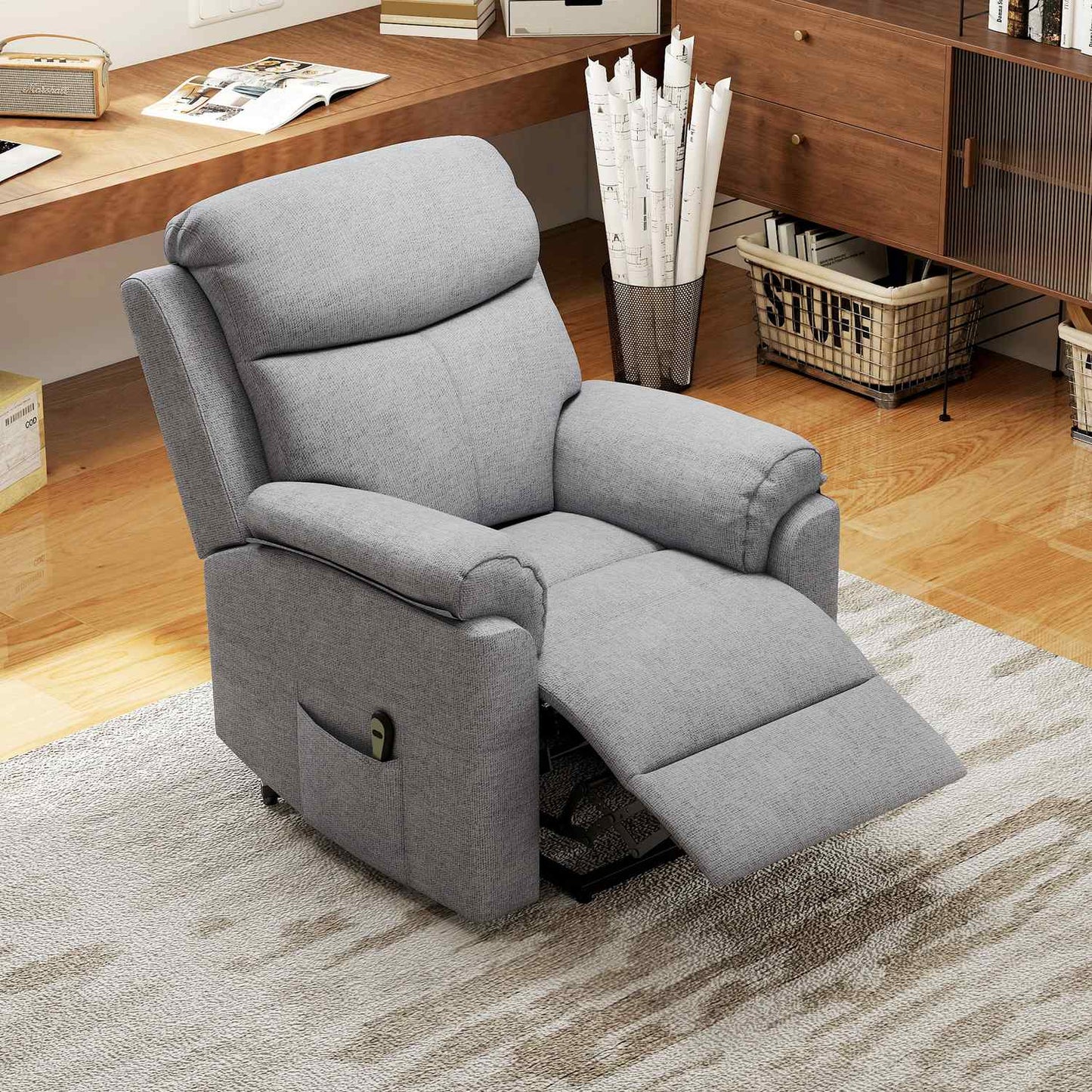 Electric recliner chair, recliner chair with stand-up aid, recliner chair with sleep function, linen look, 83 x 89 x 102 cm, grey