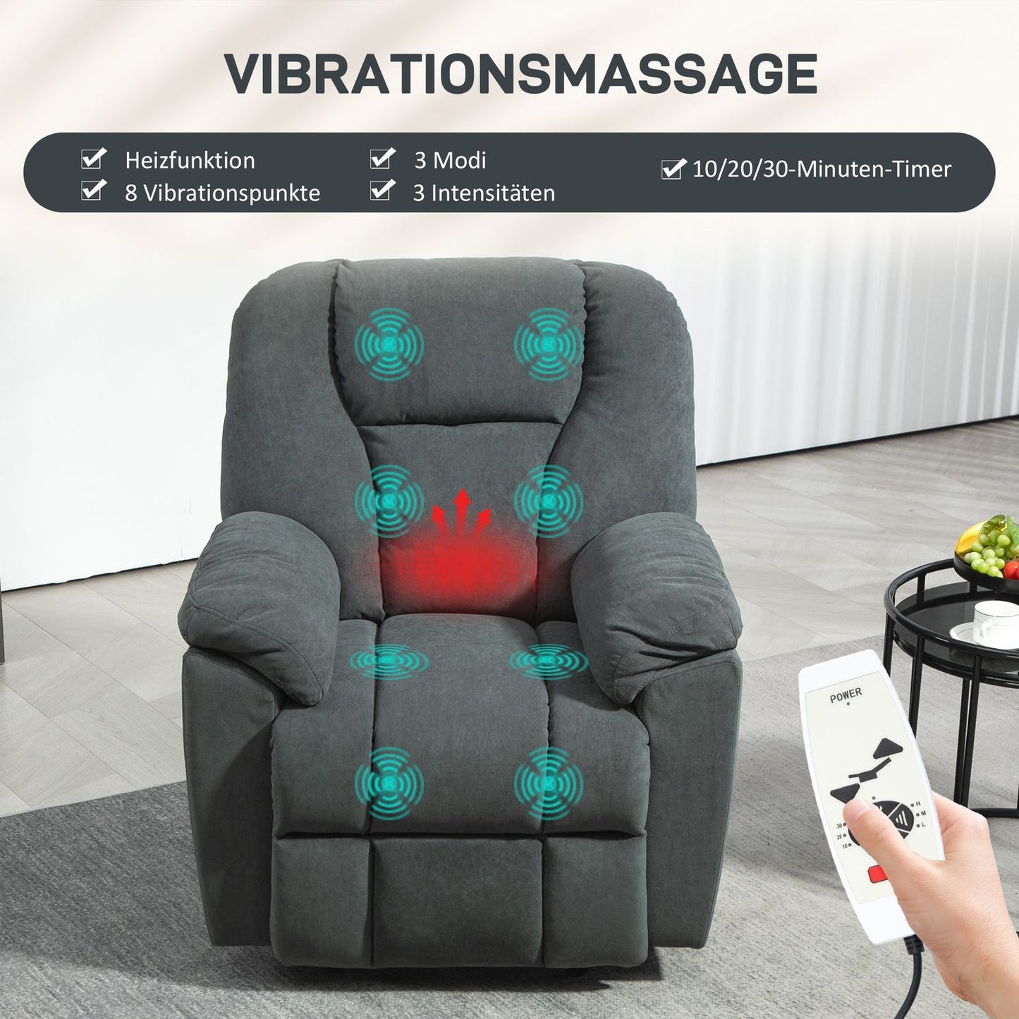 Reclining massage chair w/ heating & USB, dark grey