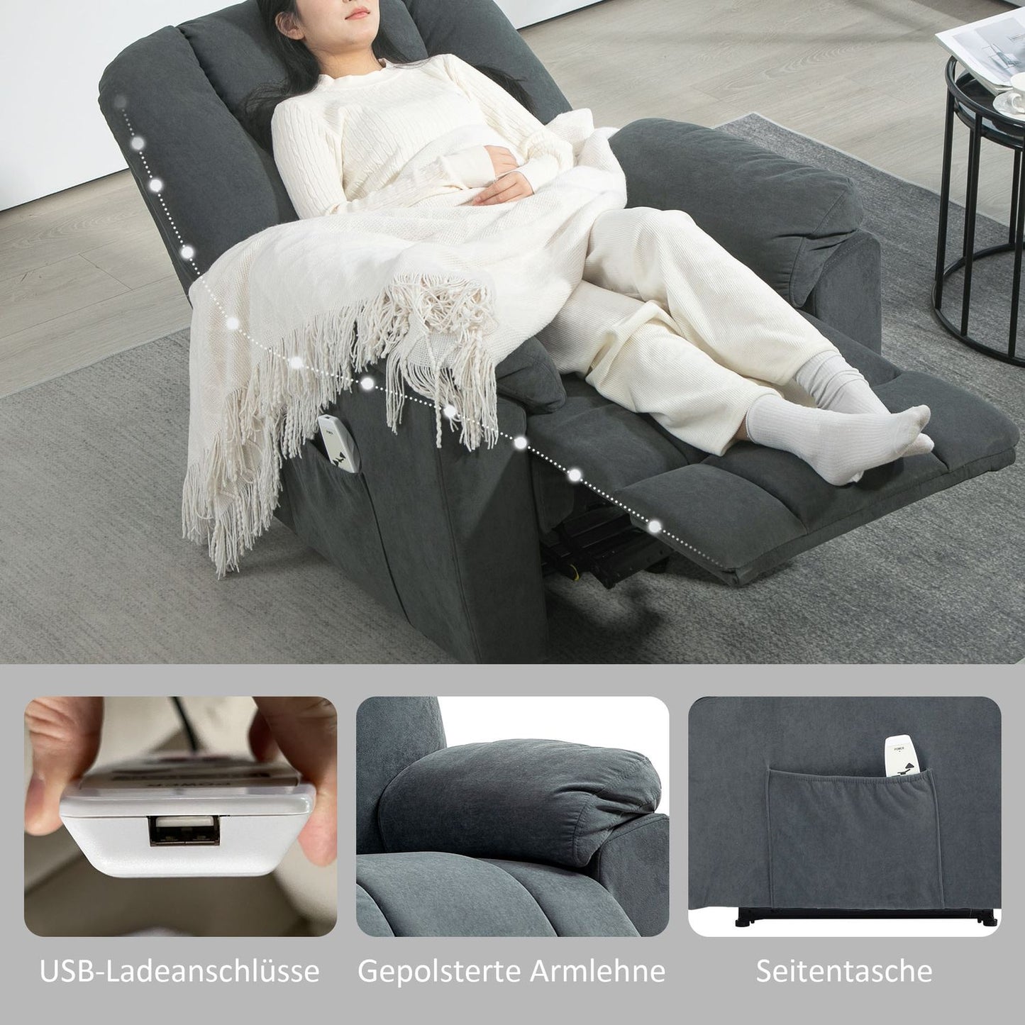 Reclining massage chair w/ heating & USB, dark grey