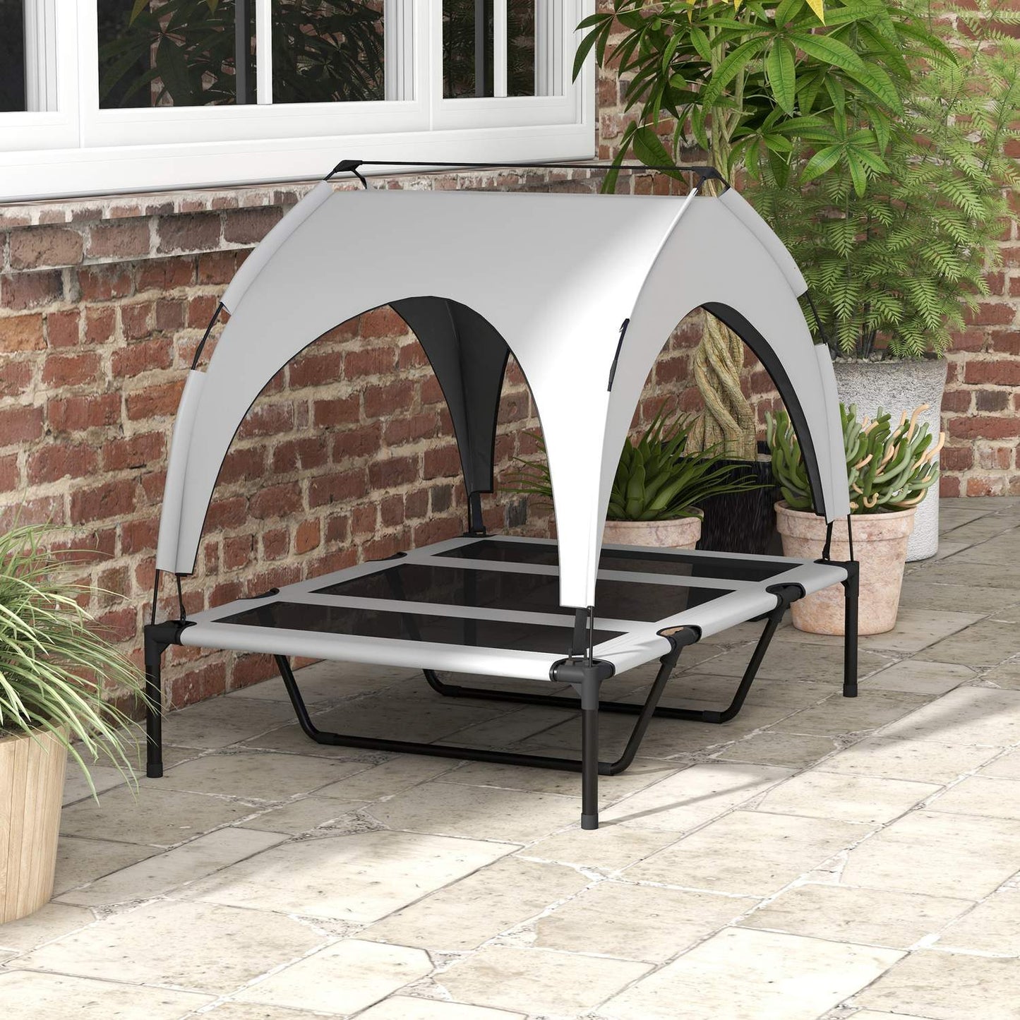 Elevated outdoor dog bed with canopy, breathable Oxford