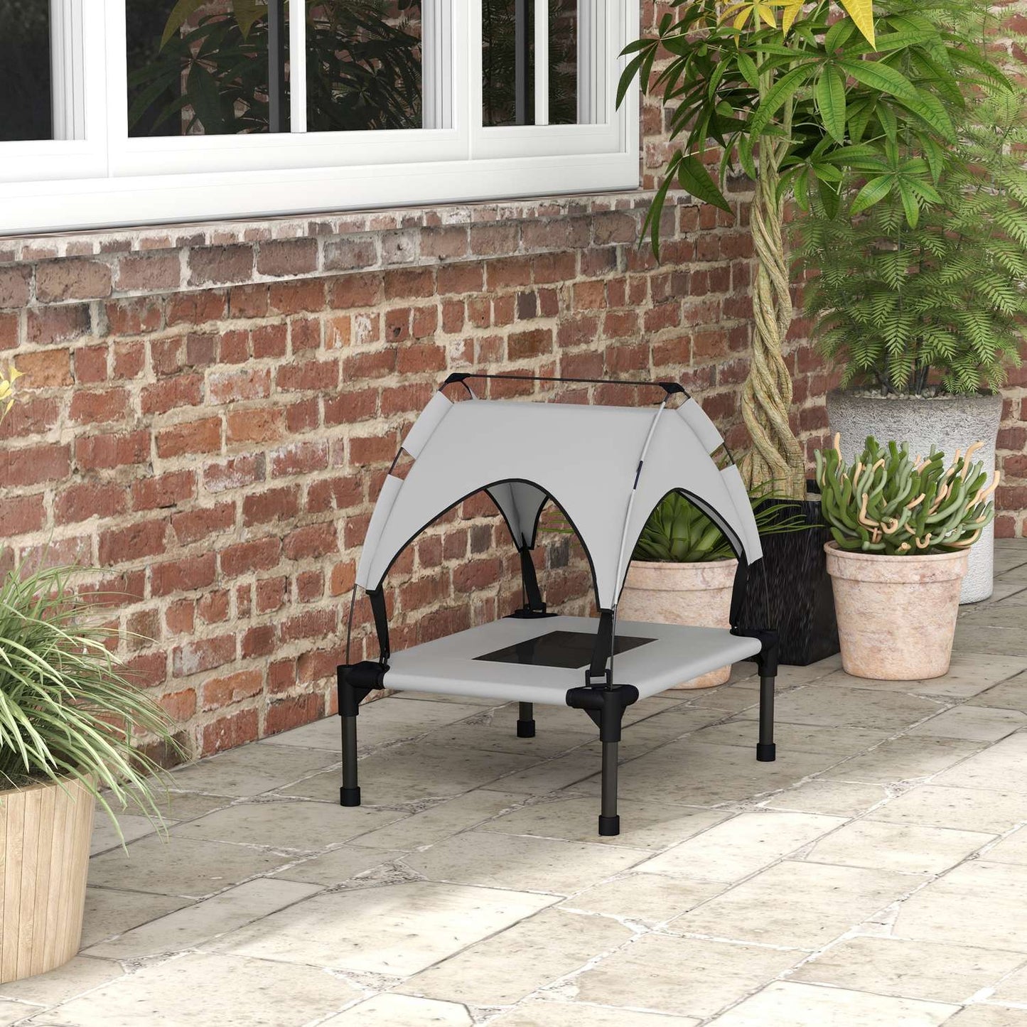 Raised outdoor dog bed with canopy, small, breathable