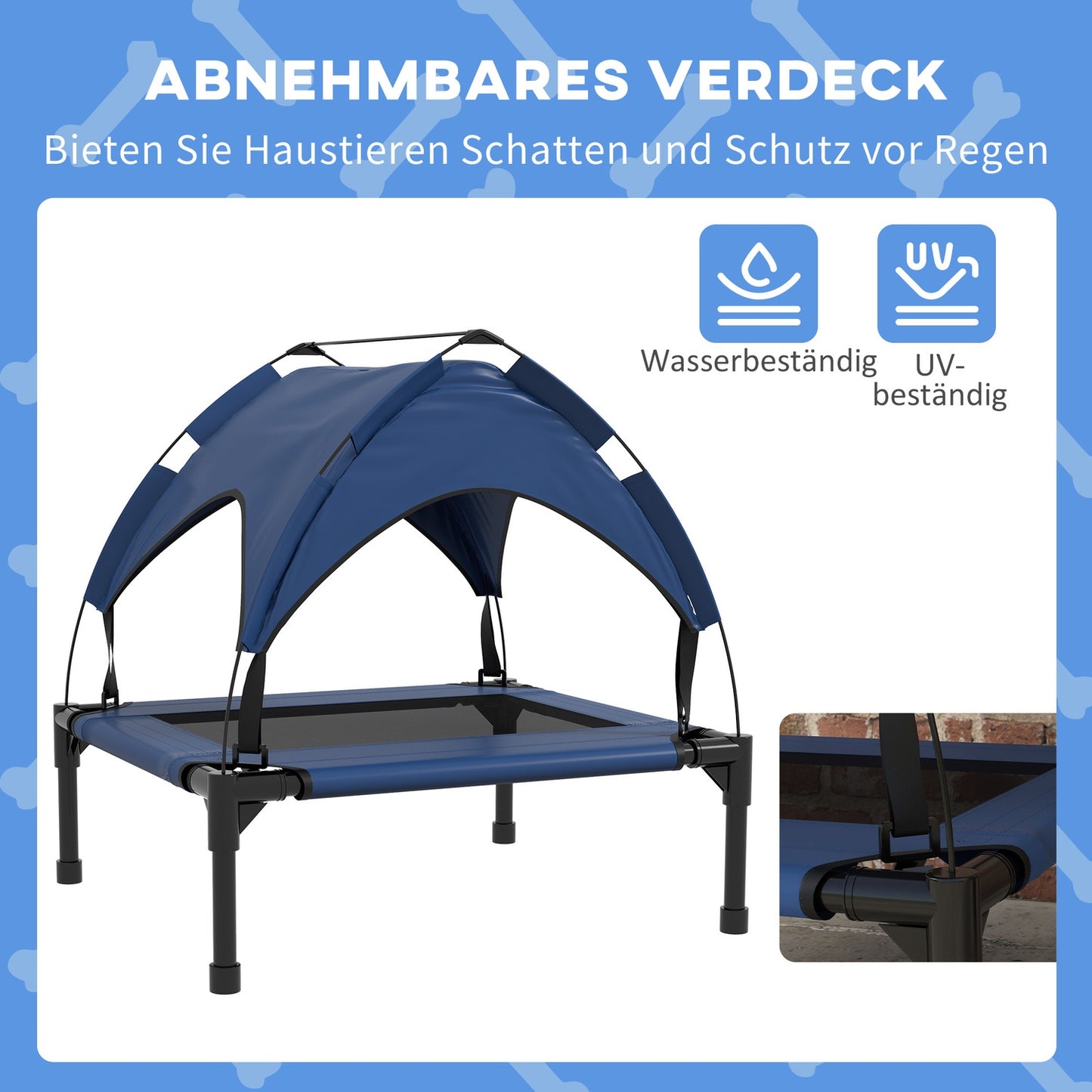 Raised outdoor dog bed with breathable roof