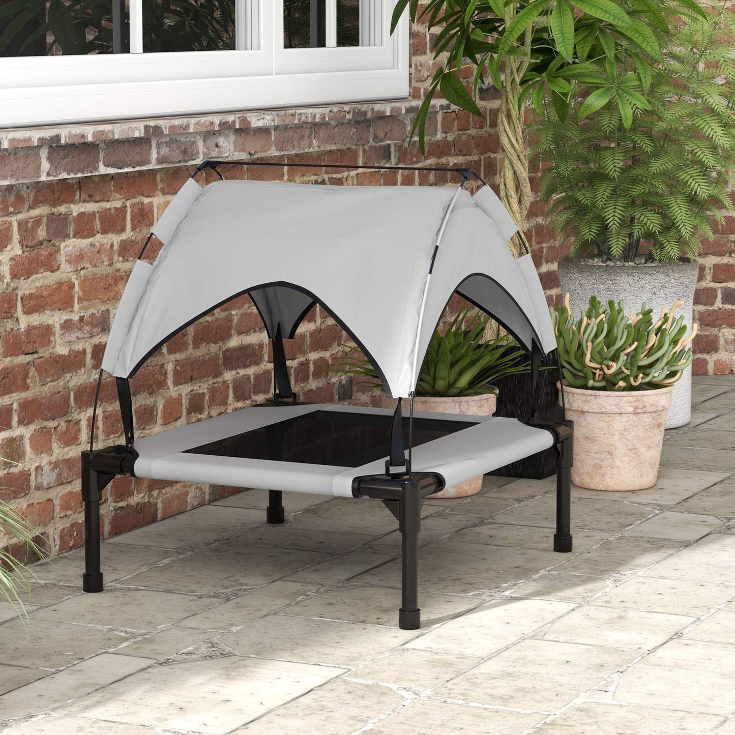 Outdoor raised dog bed with canopy, breathable fabric