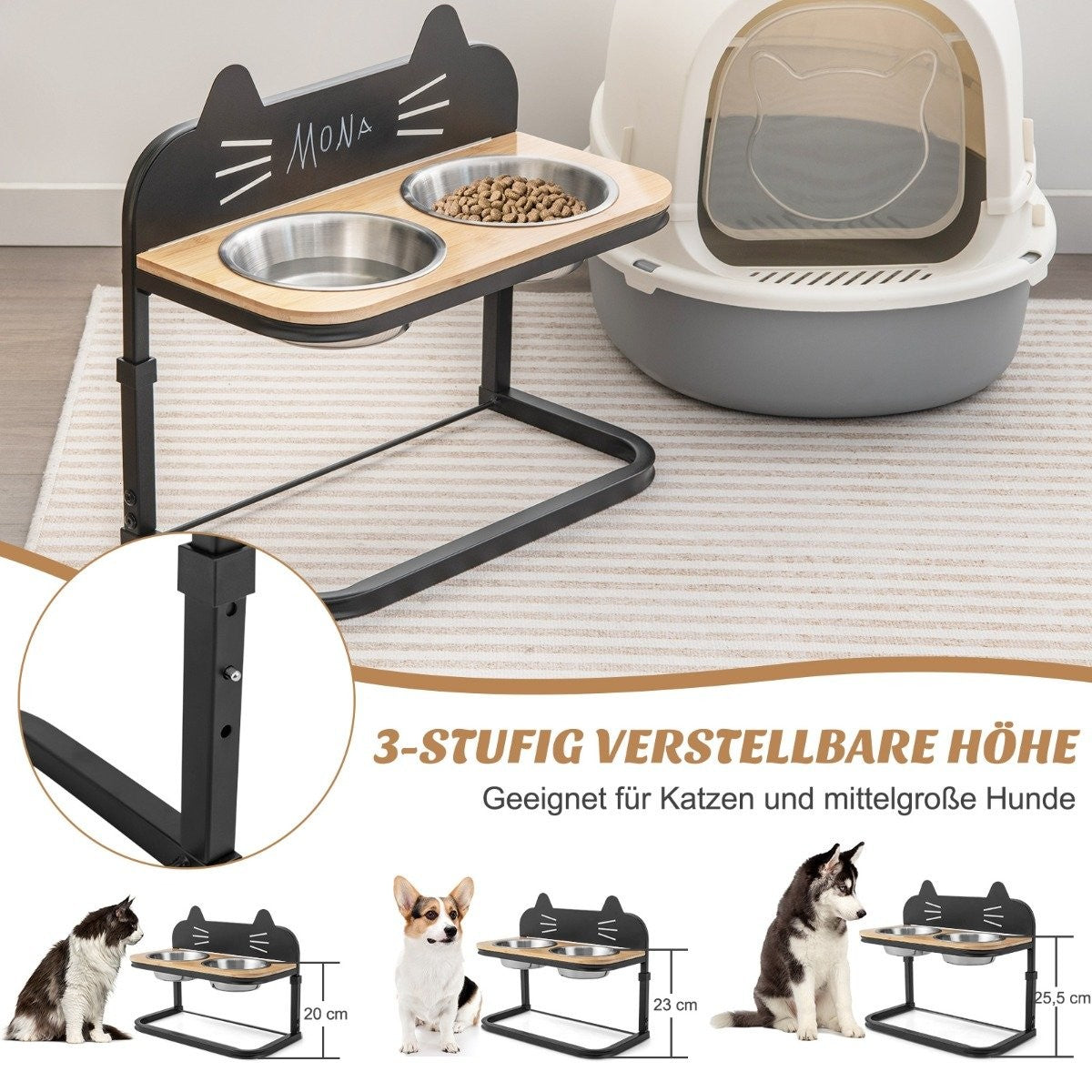 Elevated feeding station for cats & small to medium dogs 3-way height-adjustable bowl stand