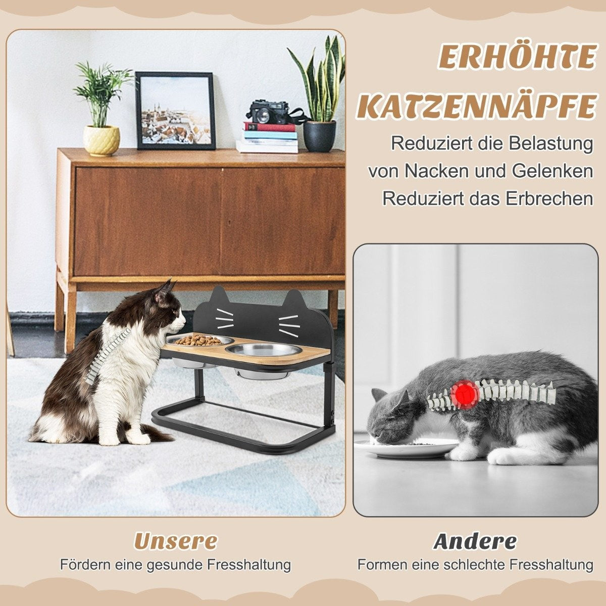 Elevated feeding station for cats & small to medium dogs 3-way height-adjustable bowl stand