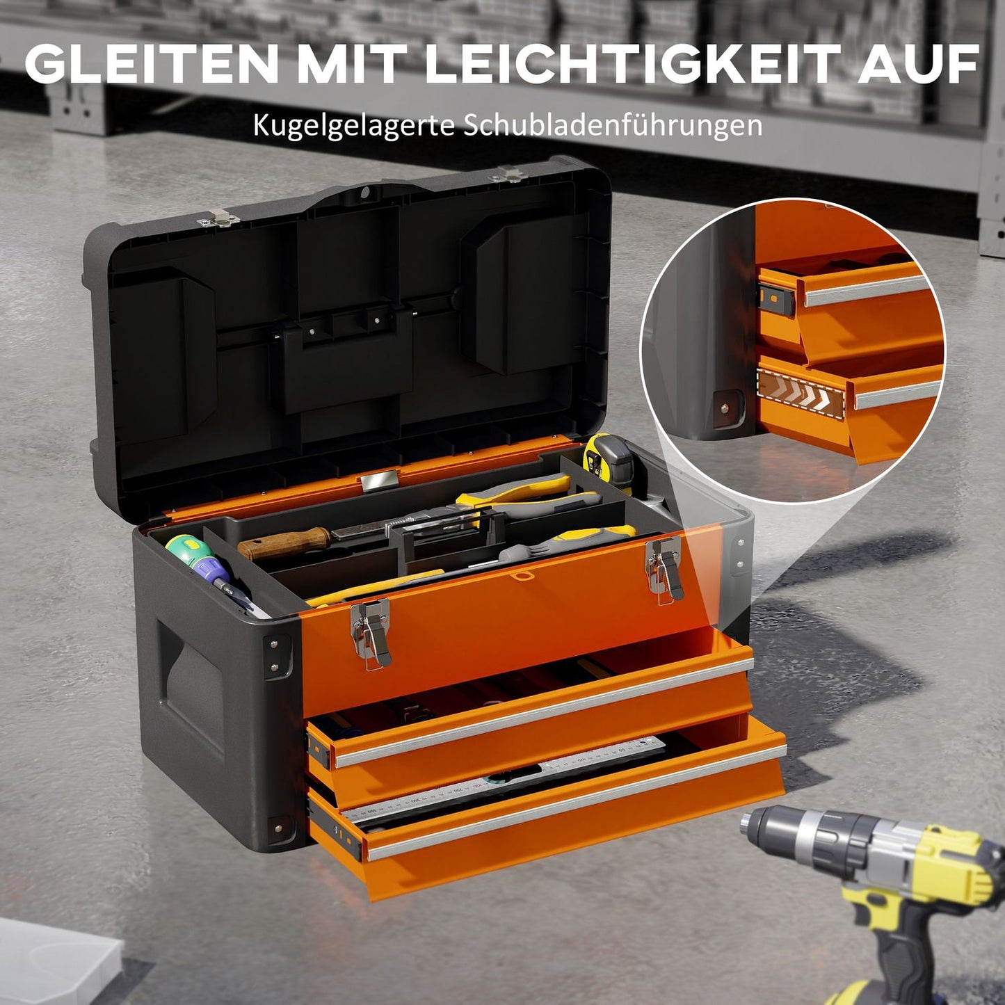 Toolbox with Drawer, Steel, 49.7 x 25.3 x 28.9 cm, Orange