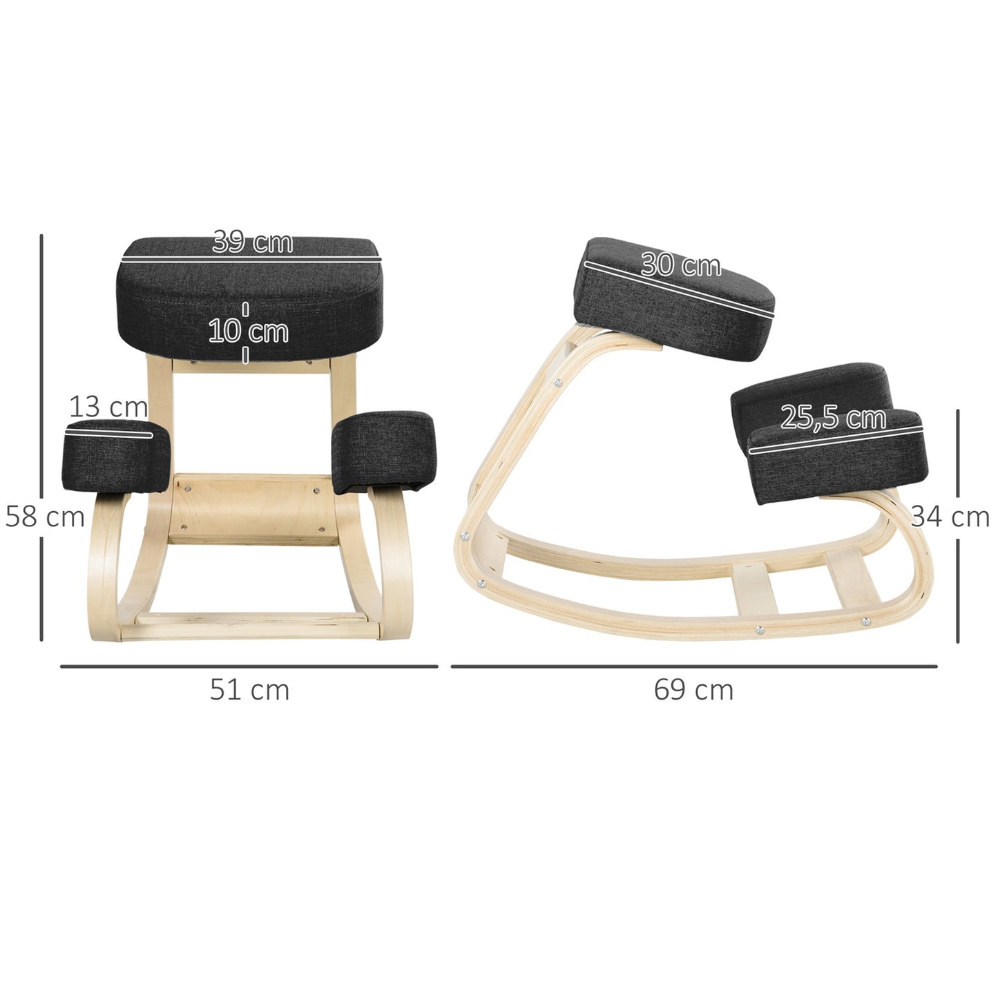 Ergonomic Kneeling Chair, Birch Wood, Black, 120 kg Capacity