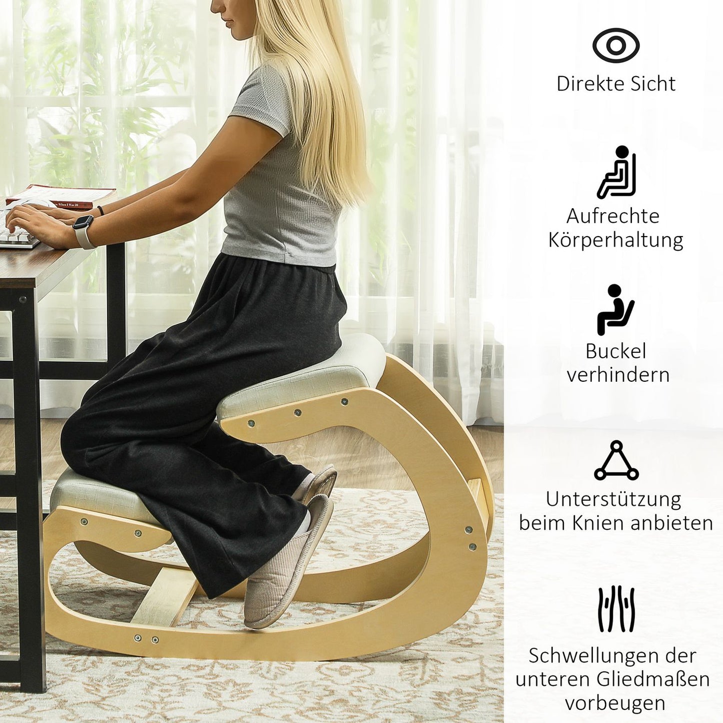 Ergonomic Kneeling Chair for Posture, Rocking Design, Cream