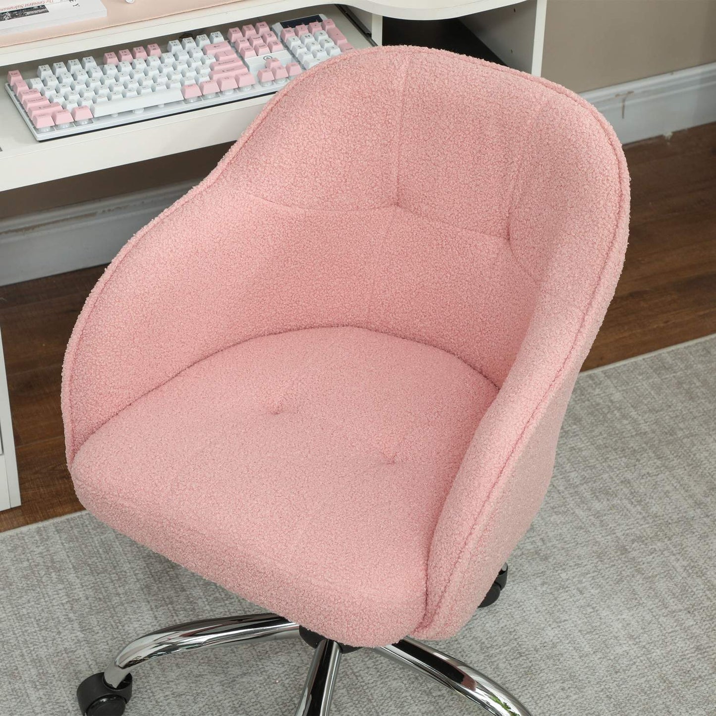 Ergonomic Office Chair, Pink Teddy Fleece, Adjustable Height