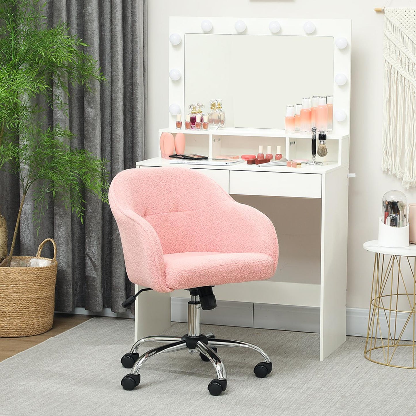 Ergonomic Office Chair, Pink Teddy Fleece, Adjustable Height