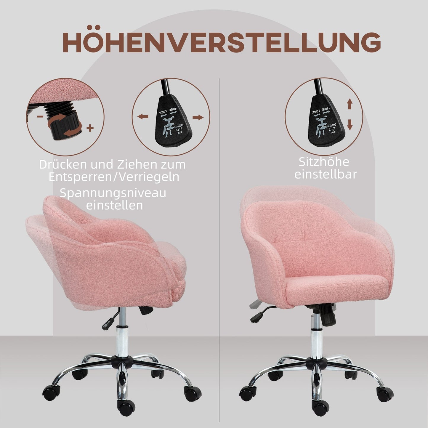 Ergonomic Office Chair, Pink Teddy Fleece, Adjustable Height
