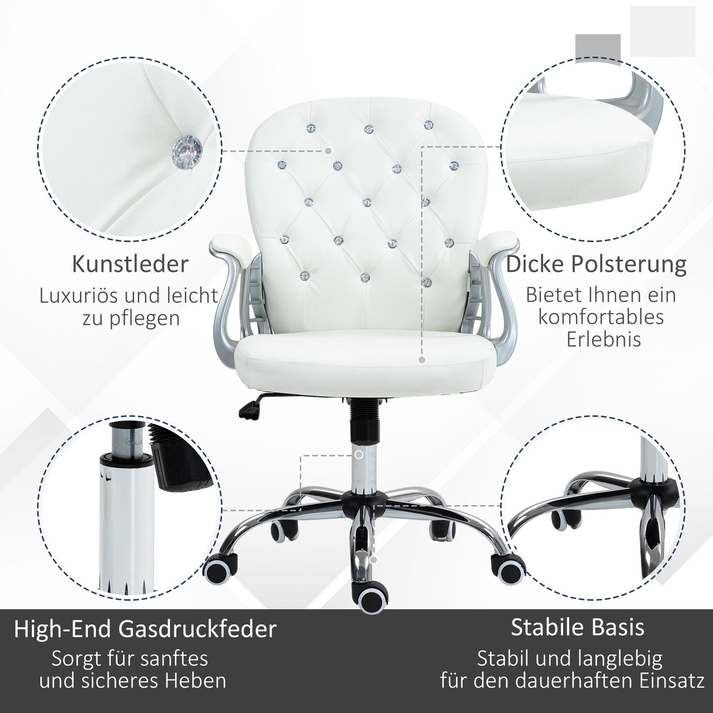 Ergonomic Office Chair with Armrests, White Leather-Look