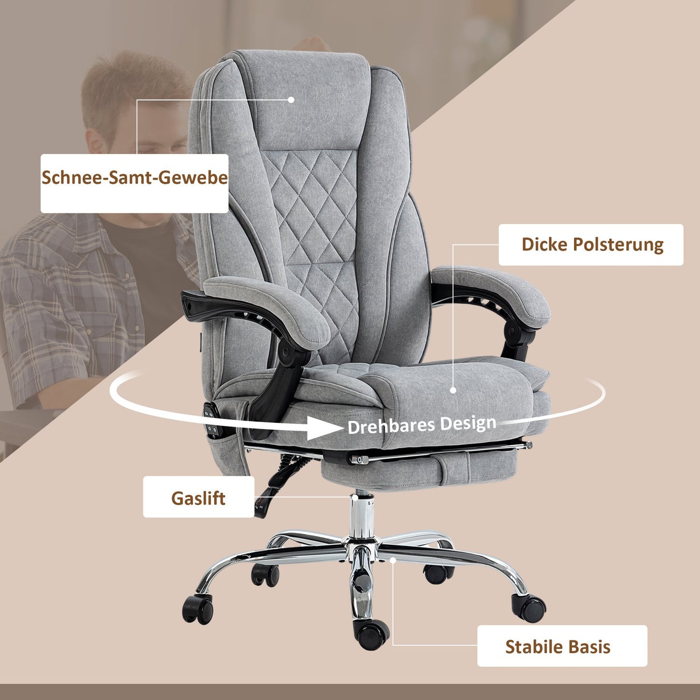 Ergonomic office chair with massage function, footrest, swivel, rollable, grey