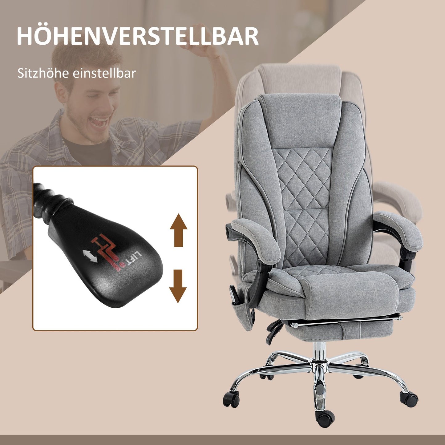 Ergonomic office chair with massage function, footrest, swivel, rollable, grey
