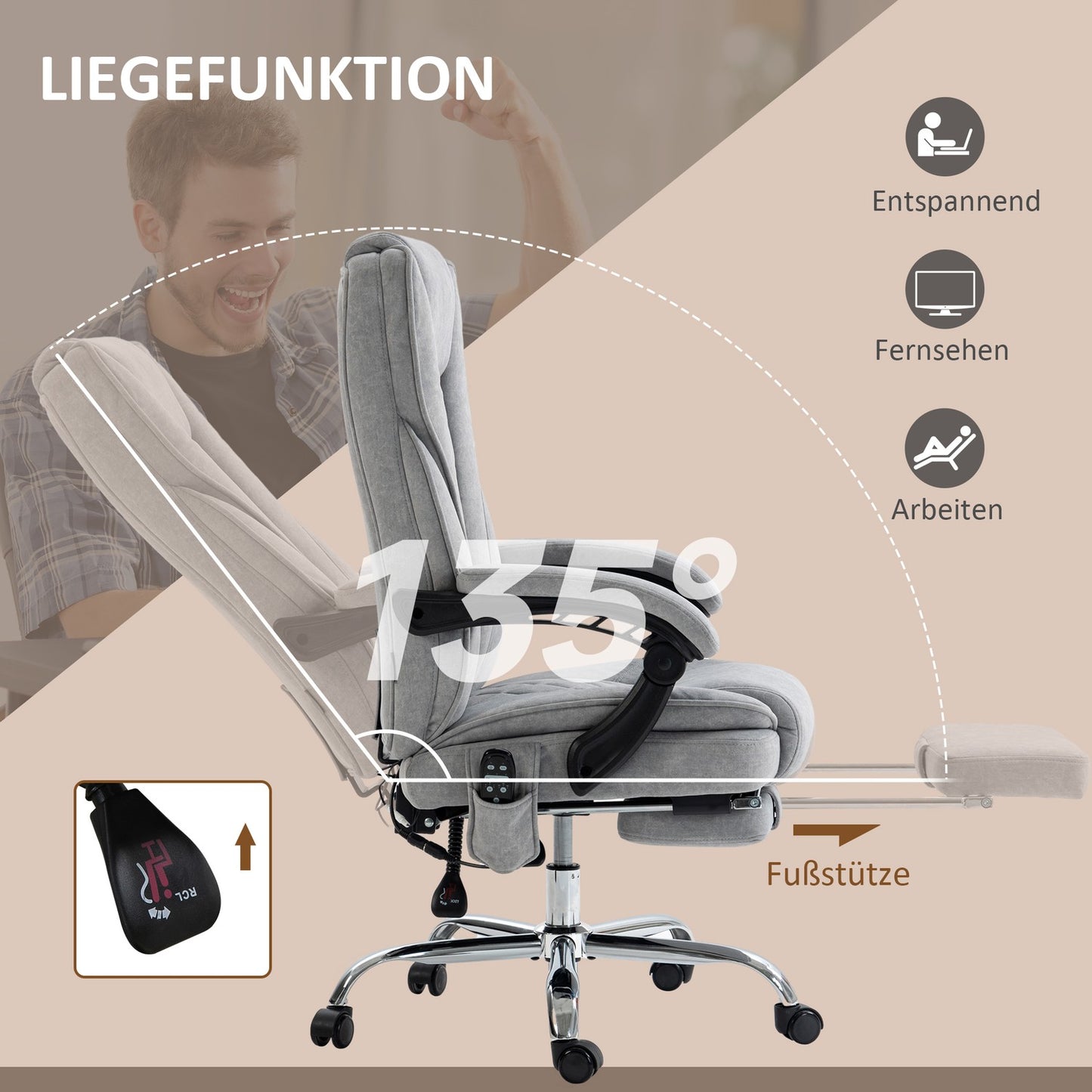 Ergonomic office chair with massage function, footrest, swivel, rollable, grey