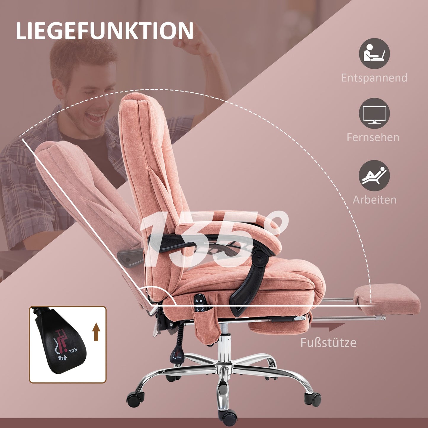 Ergonomic office chair with massage function, footrest, swivel, rollable, pink