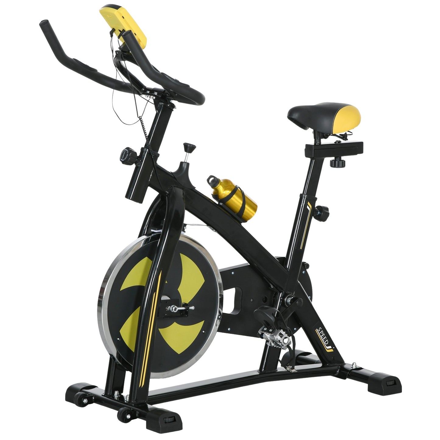 Exercise bike, quiet, adjustable resistance, heart rate sensor, monitor, yellow