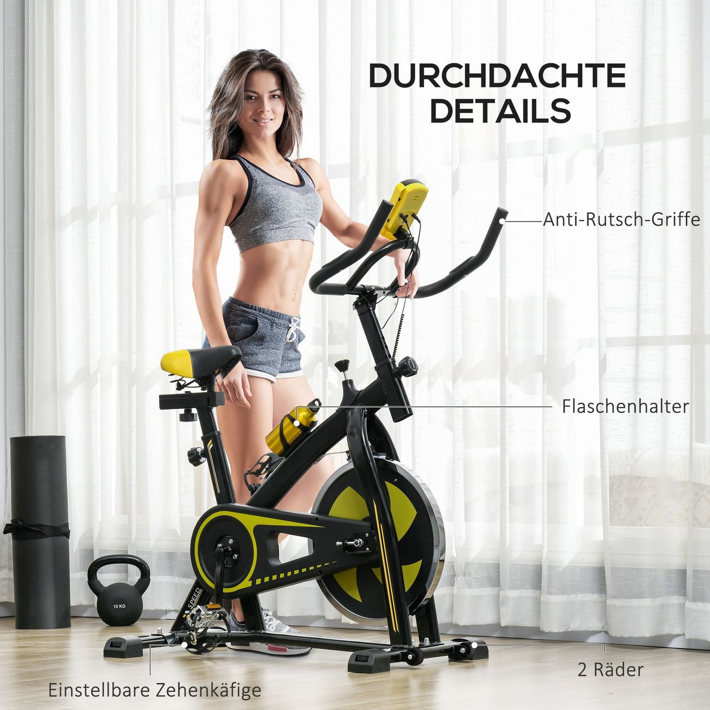 Exercise bike, quiet, adjustable resistance, heart rate sensor, monitor, yellow
