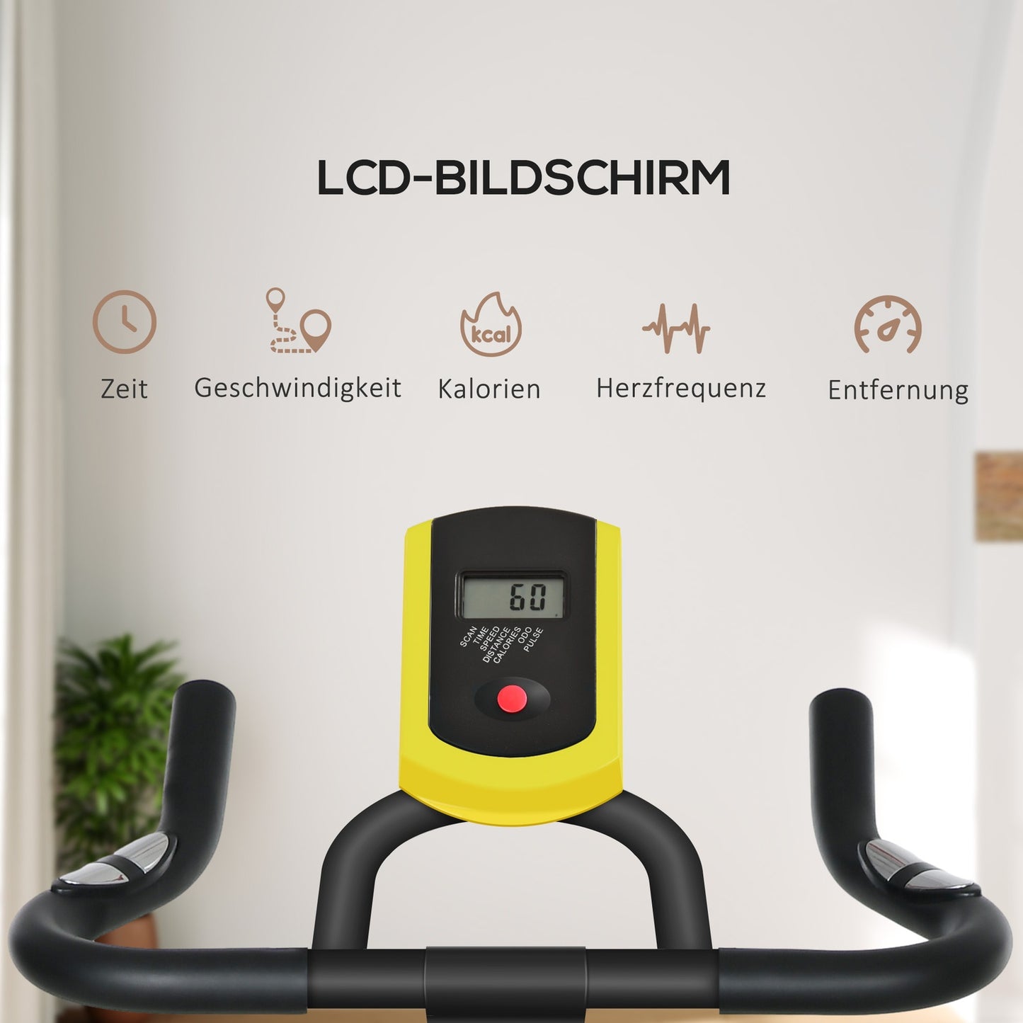 Exercise bike, quiet, adjustable resistance, heart rate sensor, monitor, yellow