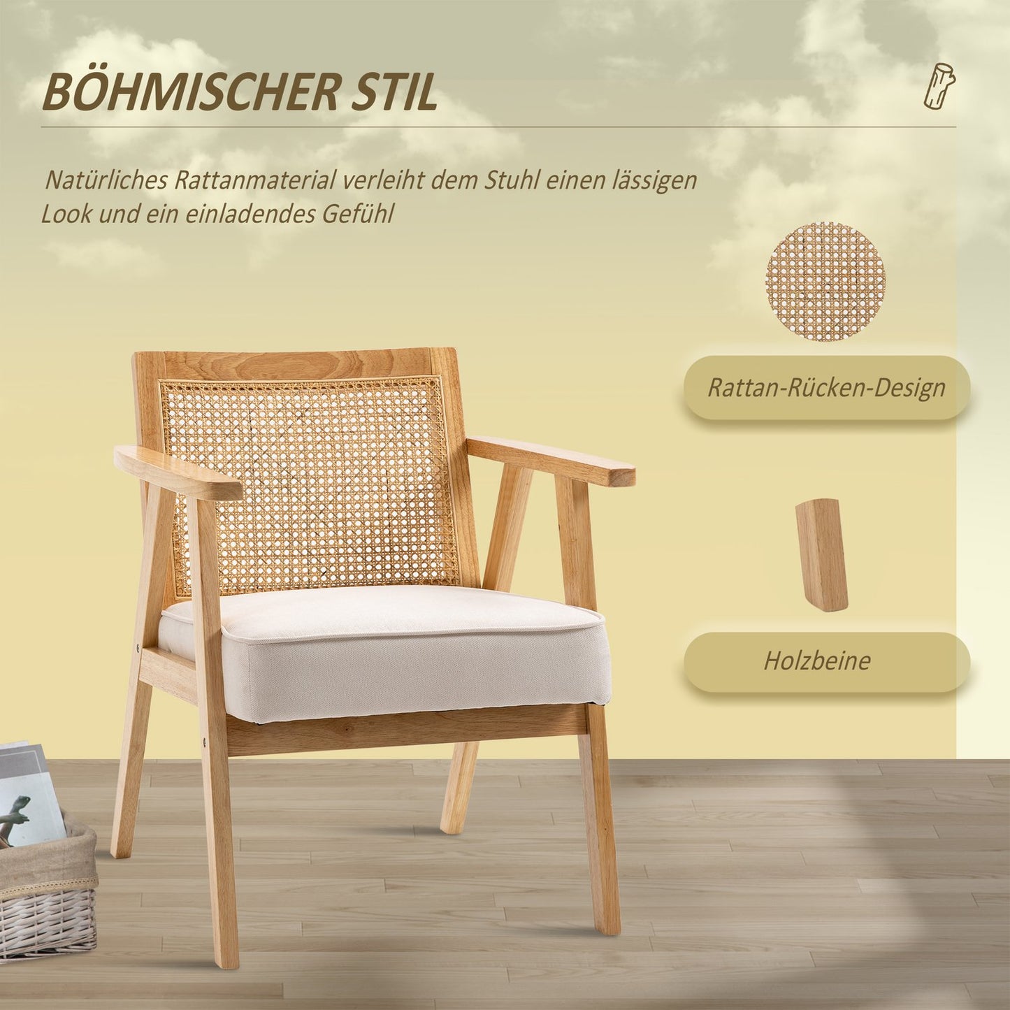 Exotic upholstered chair, rubberwood, linen-look seat cushion, 63L x 69W x 78H cm, cream white